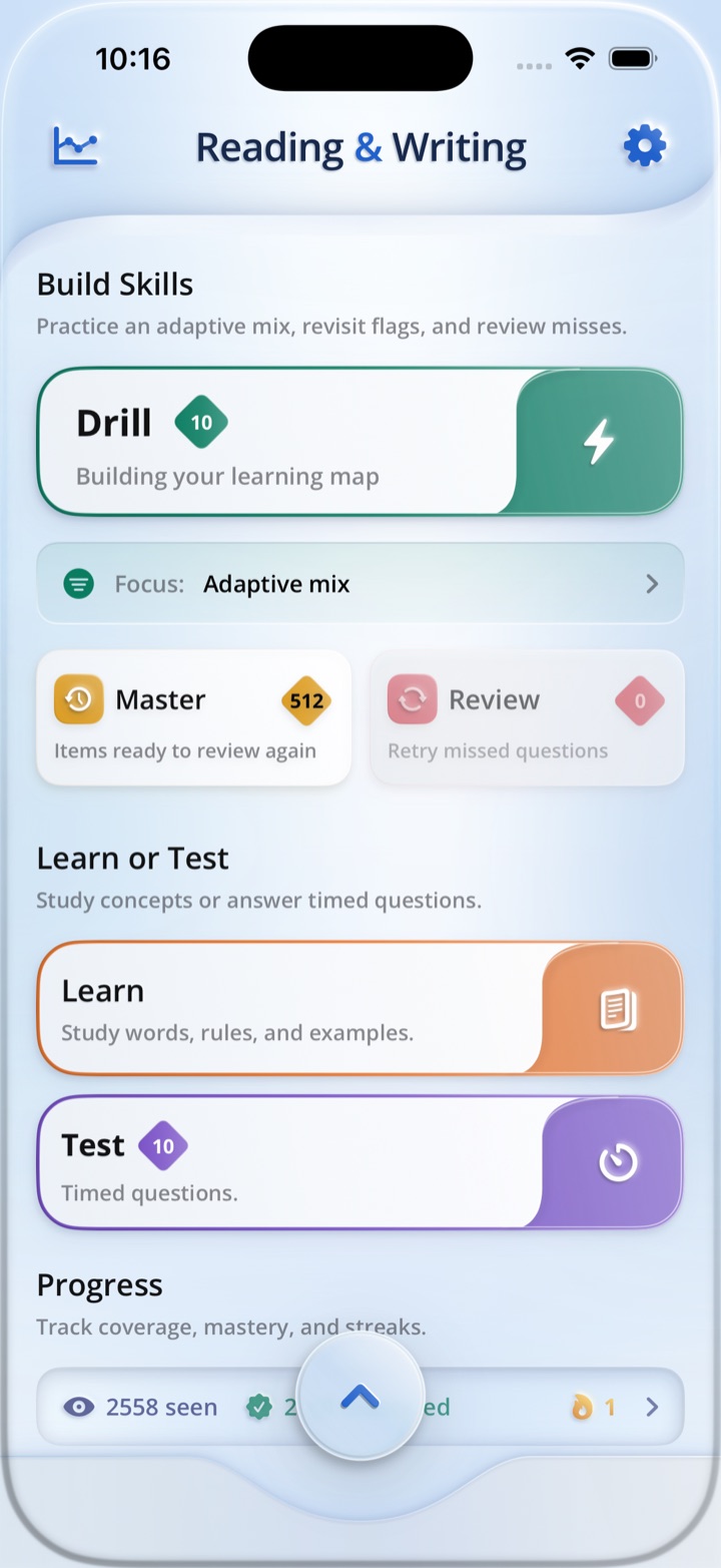 Aptimetry home screen with Drill, Master, Review, Learn, and Test study modes